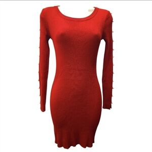 BCX Vibrant Red Long Sleeve Faux Pearl Detail Sweater Bodycon Dress Small NWOT